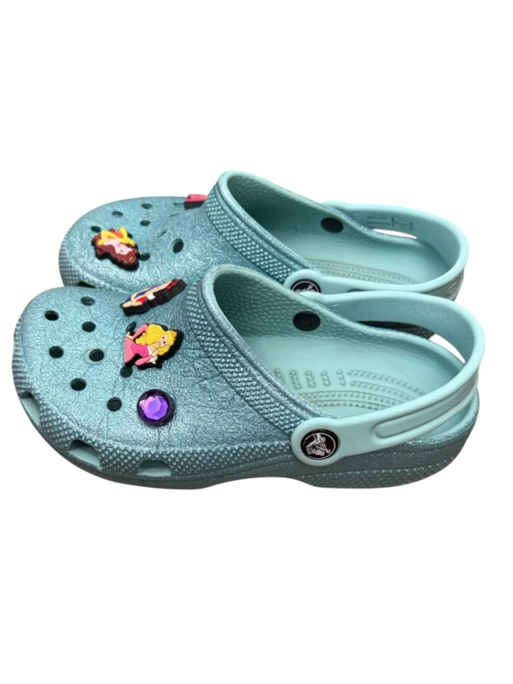 Blue Turquoise Sparkle Glitter Crocs with Added Disney Princess Jibbitz Charms G